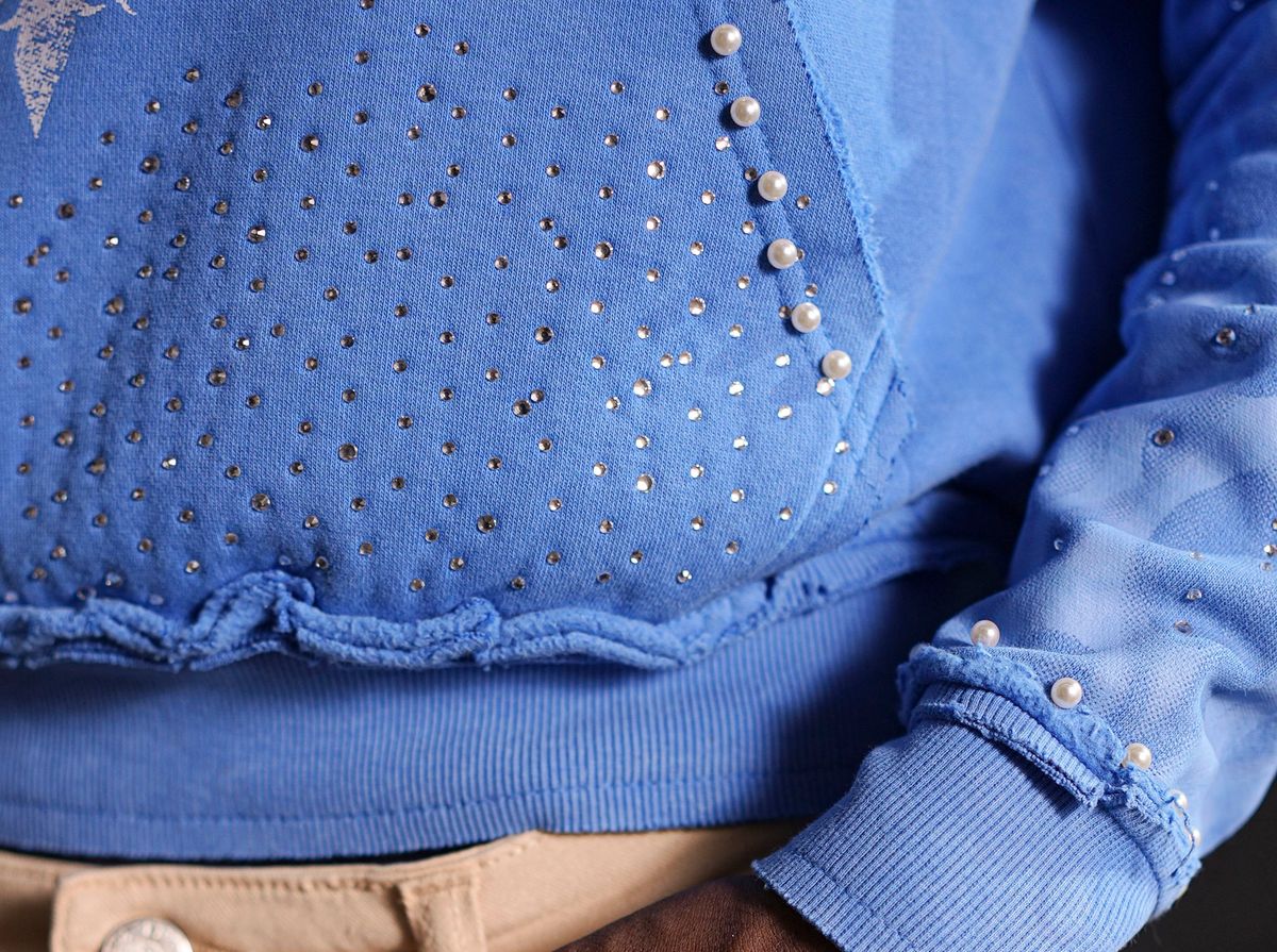 ELITE Saints Washed Rhinestone + Pearls Hoodie / BLUE 1072-D-BLUE