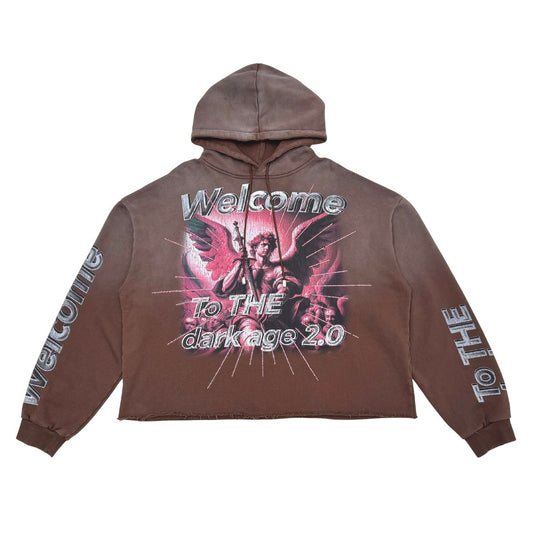 RARE PEACE RK5040 Dark Brown Rhinestones Crop Pull-Over Hoodie