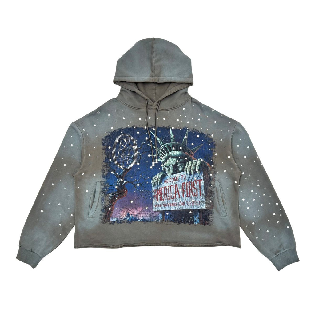 RARE PEACE RARE PEACE RK5035 Olive Rhinestones Crop Pull-Over Hoodie