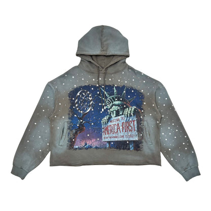 RARE PEACE RK5035 Olive Rhinestones Crop Pull-Over Hoodie