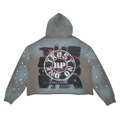 RARE PEACE RK5035 Olive Rhinestones Crop Pull-Over Hoodie