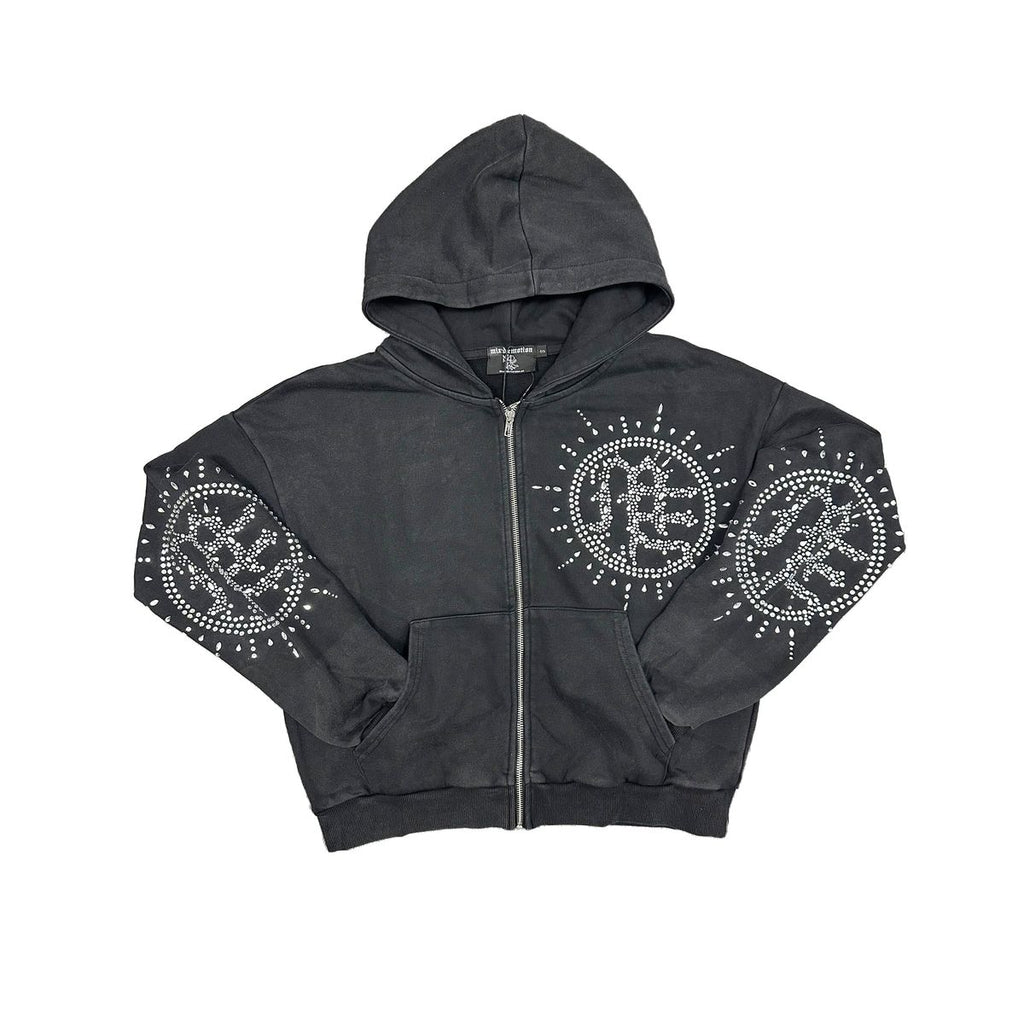 Mixed Emotion Eclipse Grey Acid Wash Rhinestone Hoodie