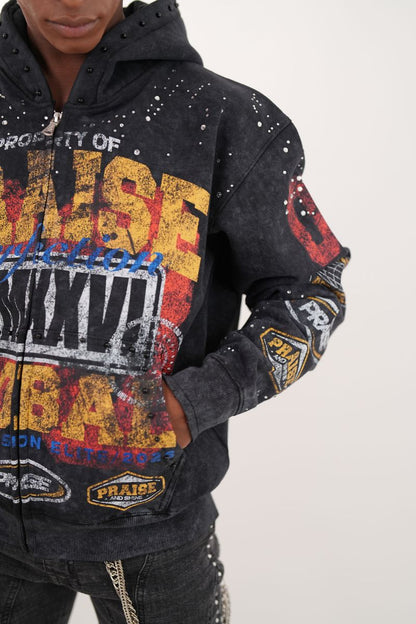 ELITE Praise Black Washed Rhinestone + Pearls Zip-Up