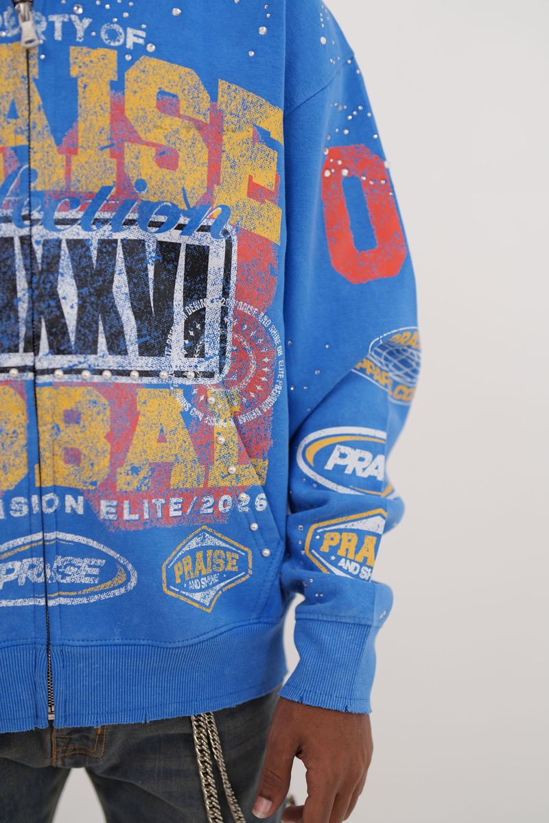 ELITE Praise Blue Washed Rhinestone + Pearls Zip-Up