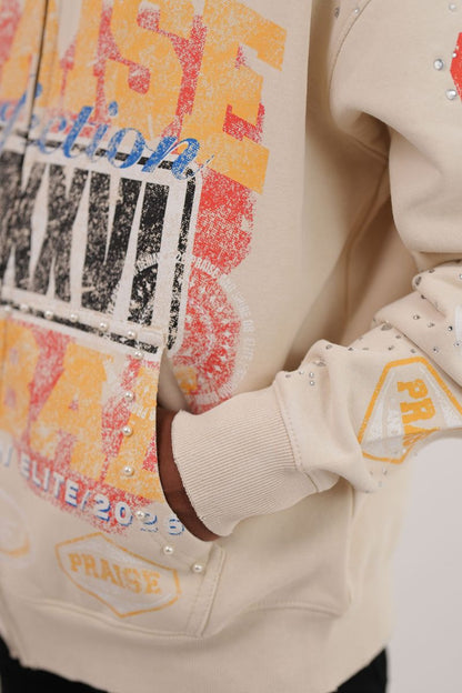 ELITE Praise Beige Washed Rhinestone + Pearls Zip-Up