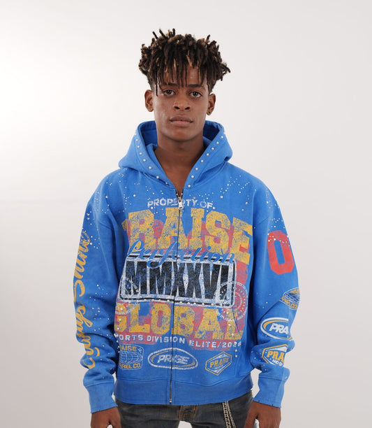 ELITE Praise Blue Washed Rhinestone + Pearls Zip-Up
