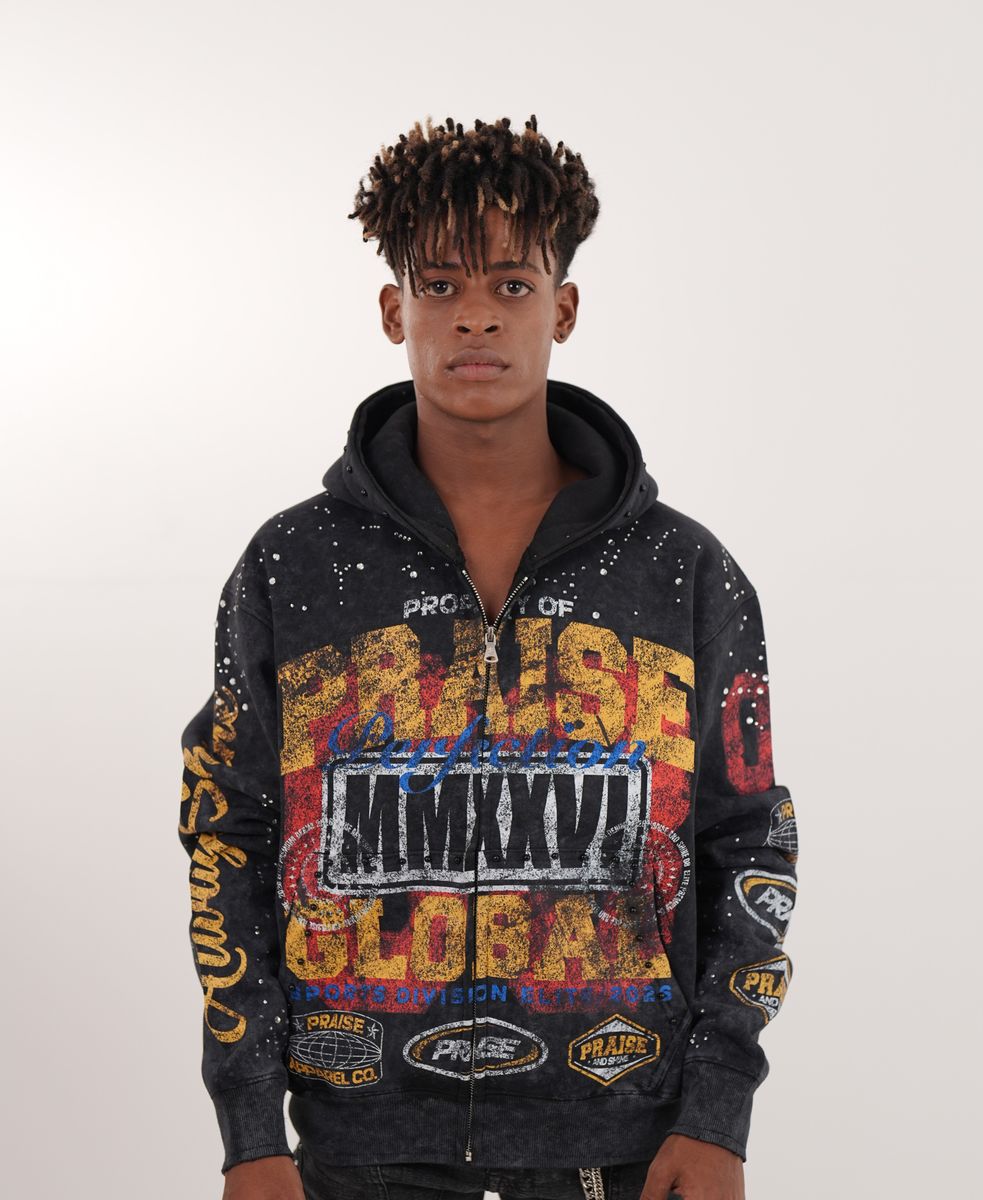 ELITE Praise Black Washed Rhinestone + Pearls Zip-Up