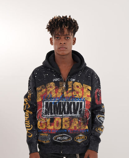 ELITE Praise Black Washed Rhinestone + Pearls Zip-Up