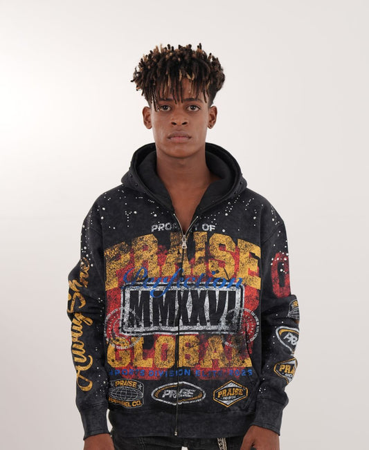 ELITE Praise Black Washed Rhinestone + Pearls Zip-Up