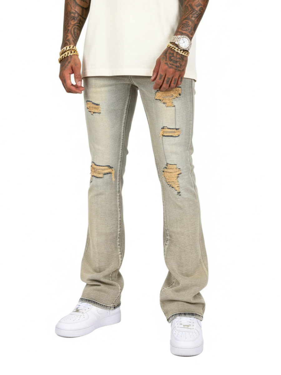 VICIOUS RIP & REPAIR PREMIUM WASH FLARE DENIM VC1032 NATURAL