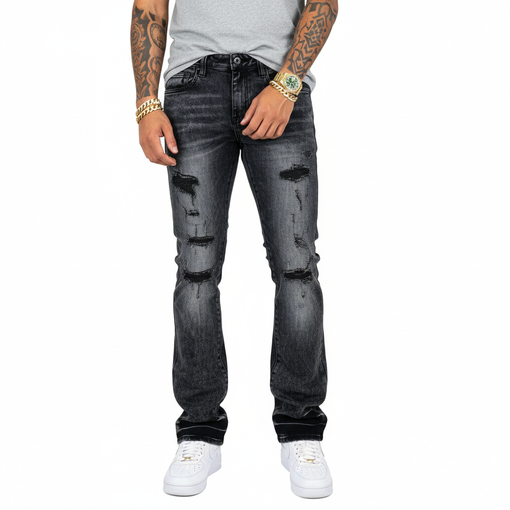 VICIOUS RIP & REPAIR PREMIUM WASH FLARE DENIM VC1032 BLACK