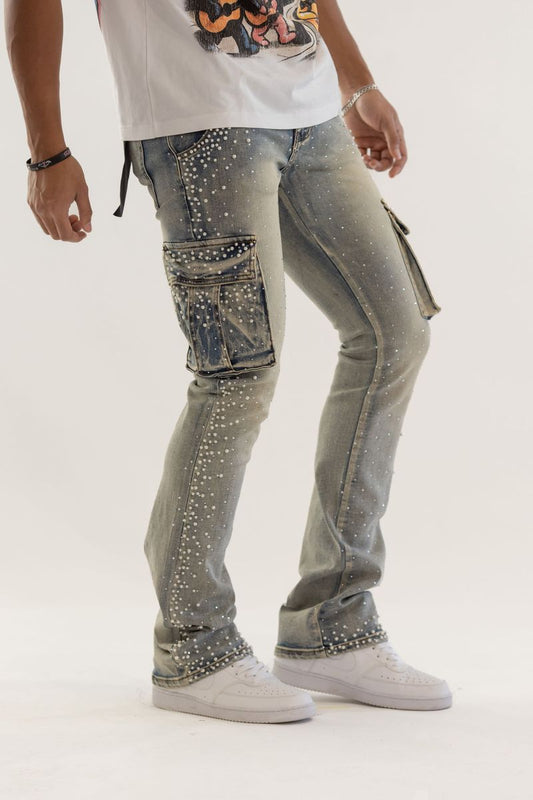 KD RHINESTONE & PEARL STACK DENIM (KD2239 BLUE)