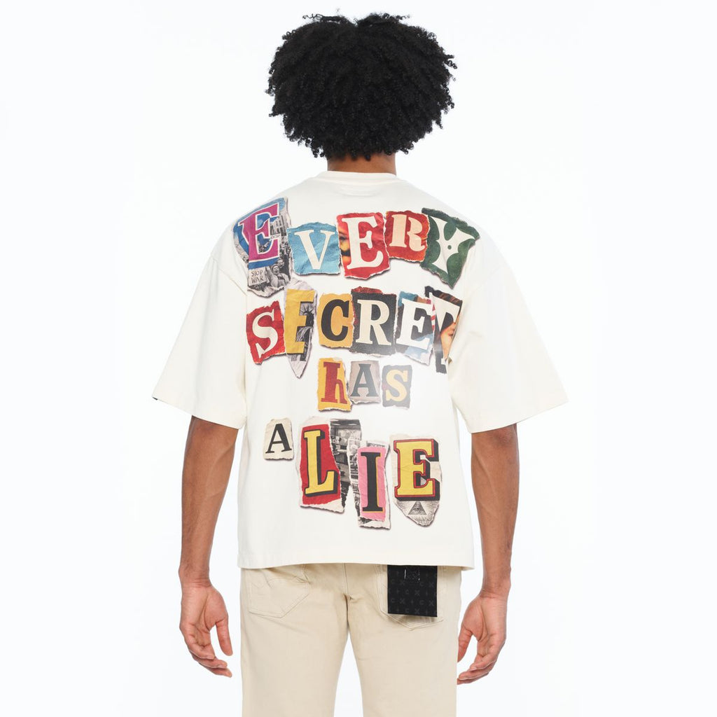 CULT BOXY OVERSIZED FIT 260 GRAMS COTTON JERSEY SHORT SLEEVE CREW NECK TEE "EVERY SECRET HAS A LIE"