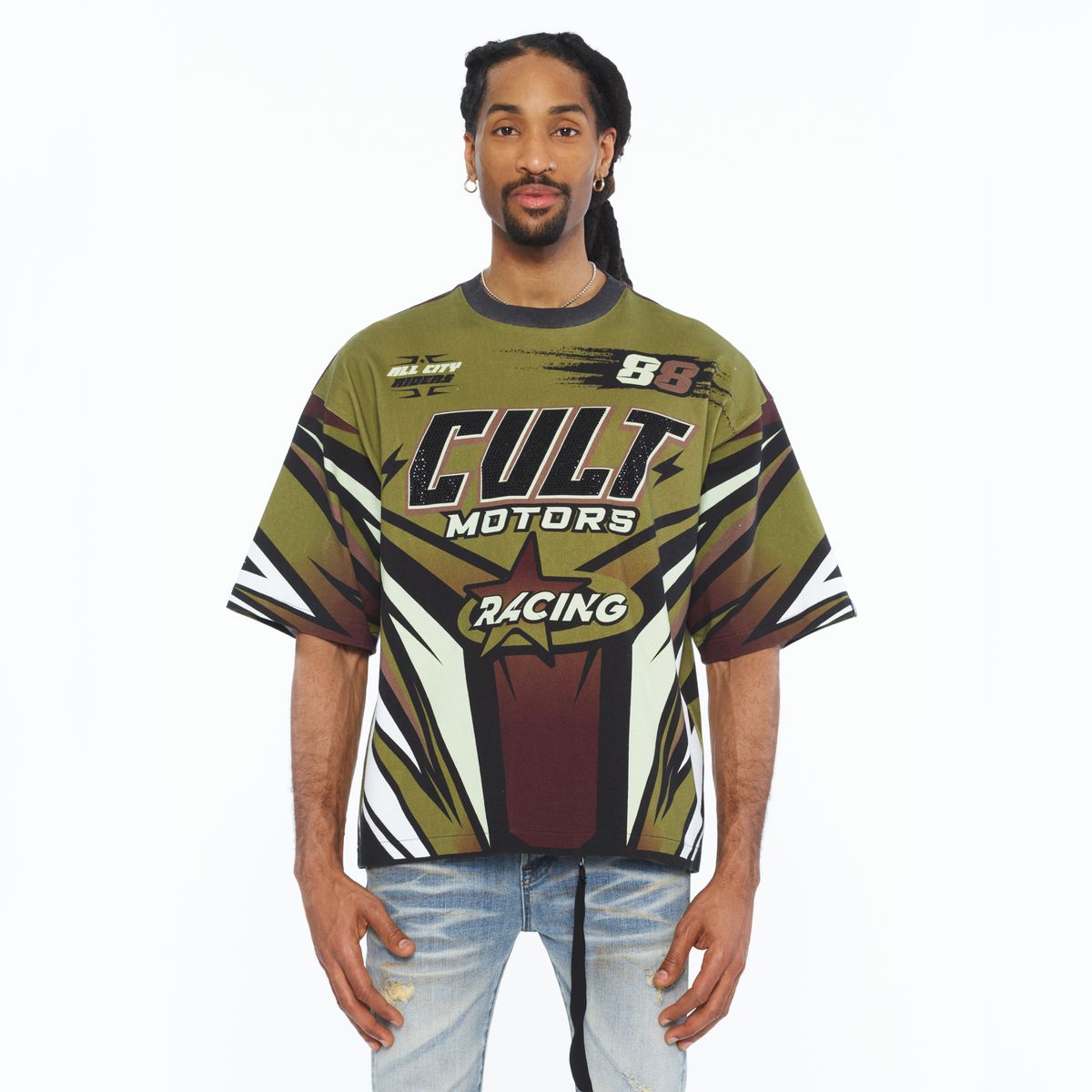 CULT BOXY OVERSIZED FIT 260 GRAMS COTTON JERSEY SHORT SLEEVE CREW NECK TEE " RACER " (626B7-K47A)