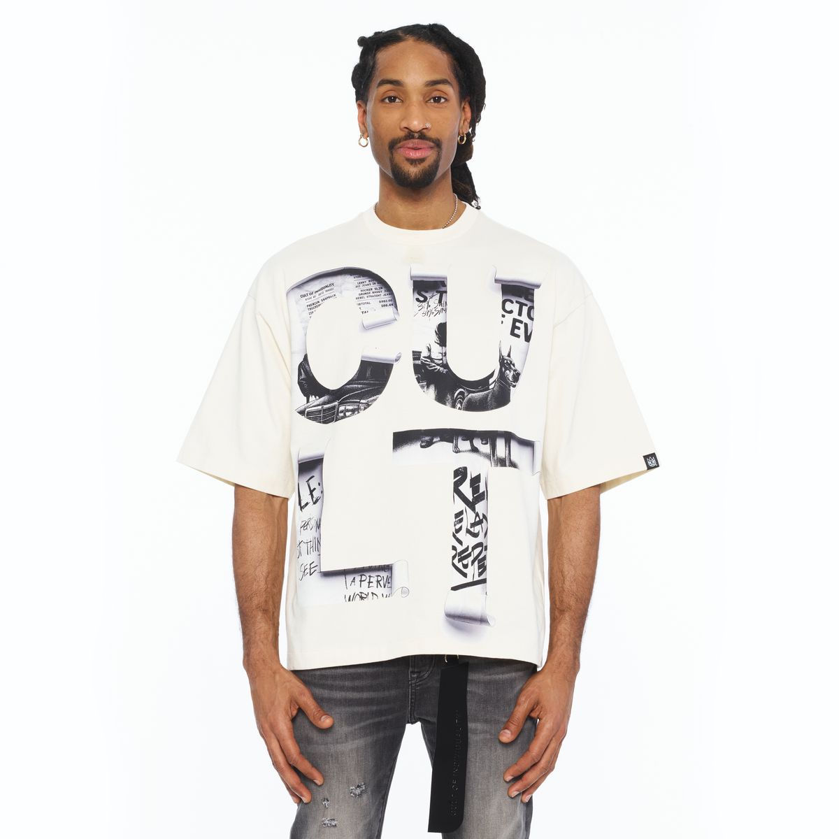 CULT BOXY OVERSIZED FIT 260 GRAMS COTTON JERSEY SHORT SLEEVE CREW NECK TEE"CULT NEWSPAPER" (626B8-K29A)