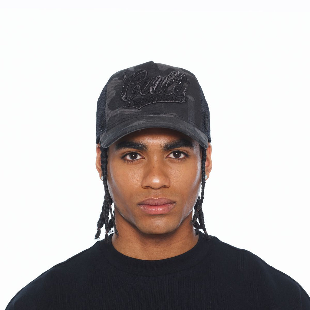 CULT MESH BACK TRUCKER CURVED VISOR " CAMO CRYSTAL SCRIPT "