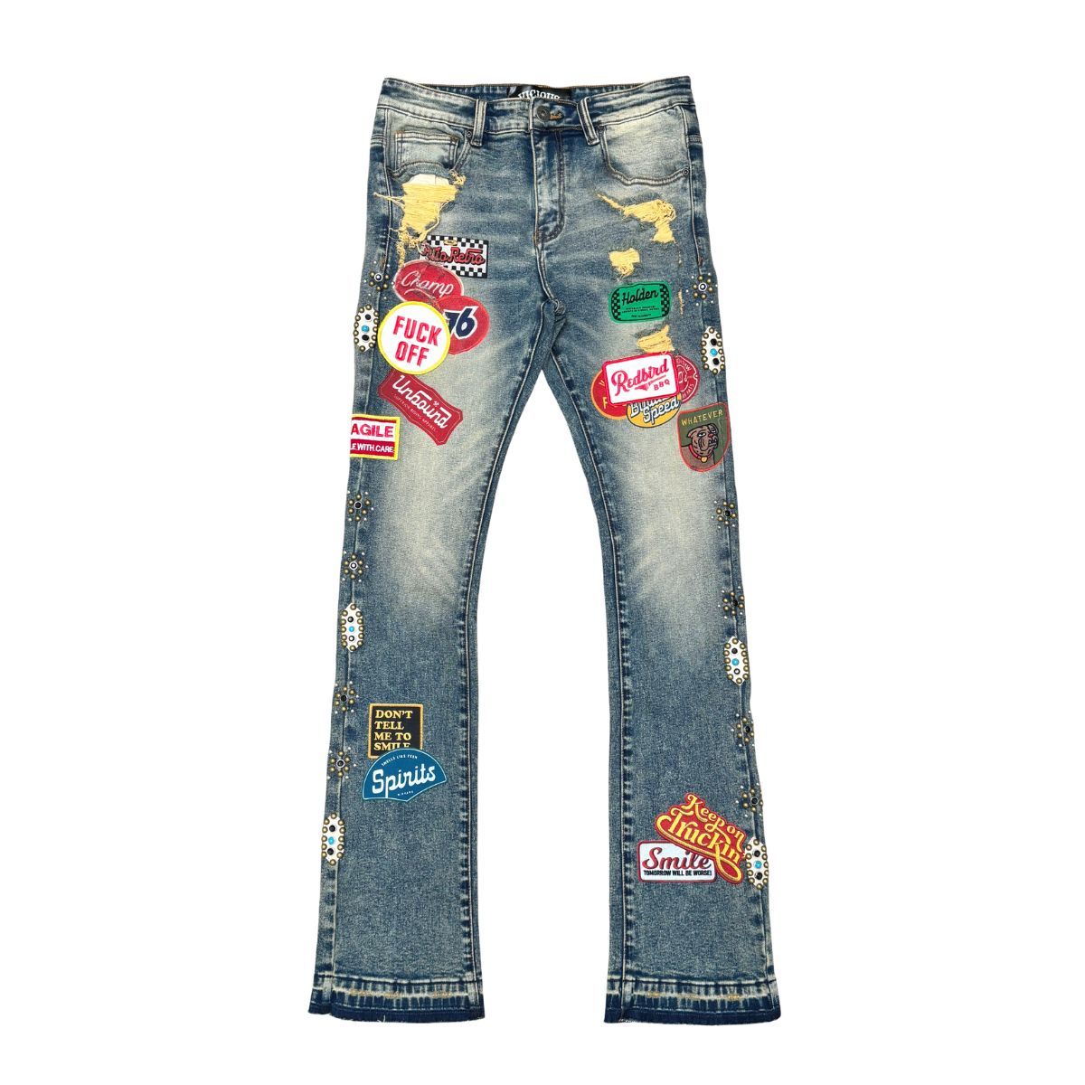 VICIOUS PREMIUM SKINNY BOOT CUT DENIM / PATCHES ALL OVER