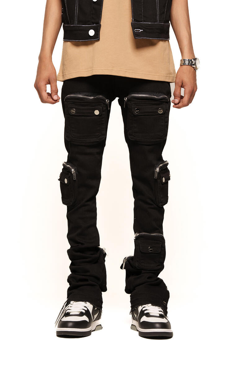 PHEELINGS "JOURNEY TO GREATNESS" CARGO FLARE STACK DENIM (PH-SS24-27) JET BLACK