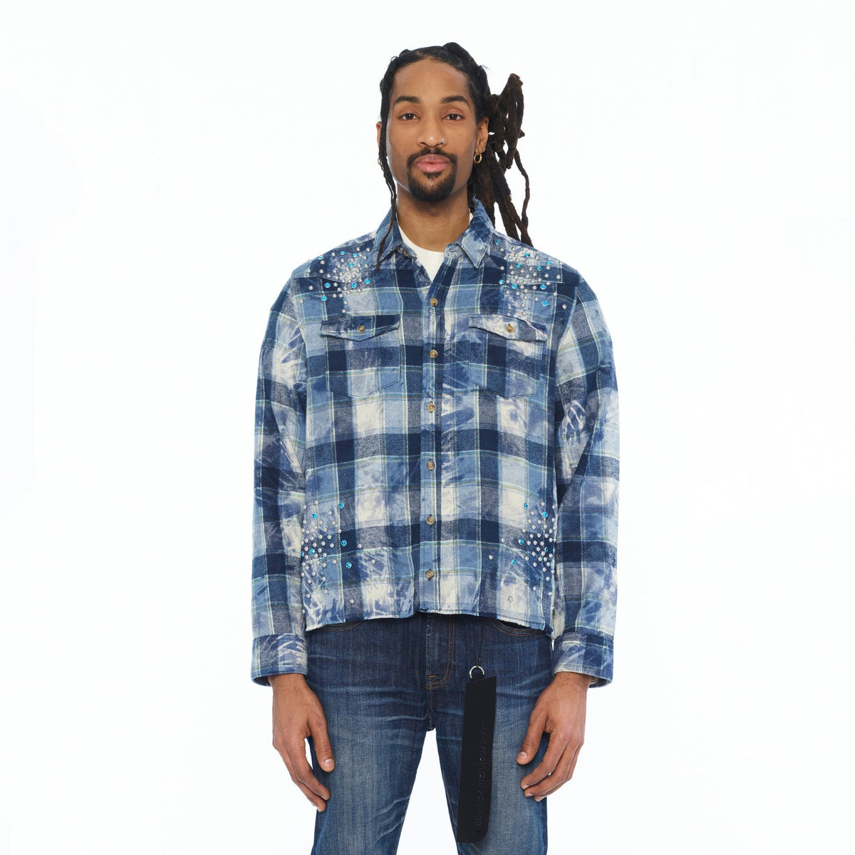 CULT L/S SLEEVE EMBELLISHED PLAID WOVEN SHIRT (626B10-WS71C)