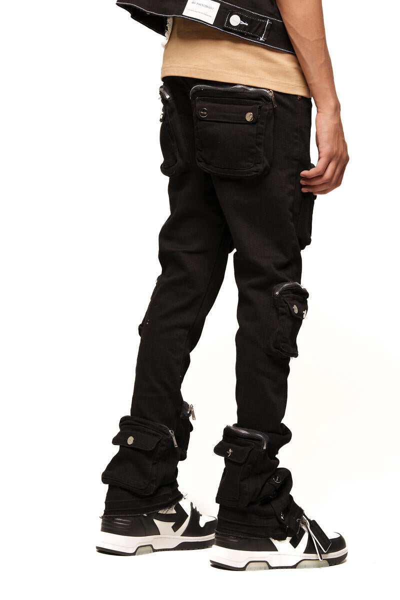 PHEELINGS "JOURNEY TO GREATNESS" CARGO FLARE STACK DENIM (PH-SS24-27) JET BLACK