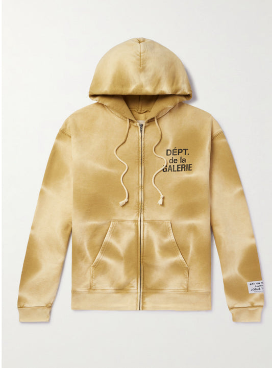 GALLERY DEPT. Logo-Print Bleached Cotton-Jersey Zip-Up Hoodie - BROWN