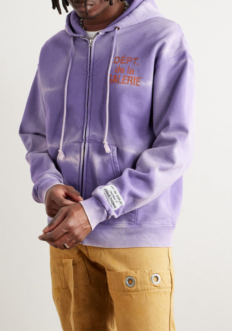 GALLERY DEPT. Logo-Print Bleached Cotton-Jersey Zip-Up Hoodie - PURPLE