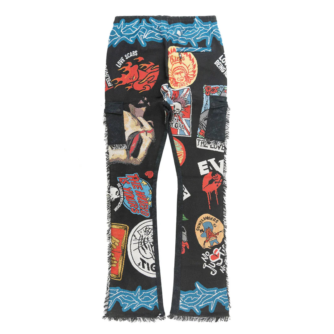 Brave Heart Tapestry Stacked Pants F1755- Black