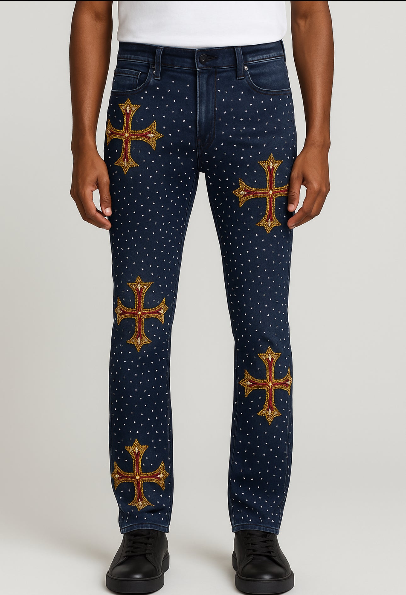 EMBELLISHED RHINESTONE FLARED DENIM VC953-BLK