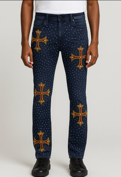 EMBELLISHED RHINESTONE FLARED DENIM VC953-BLK