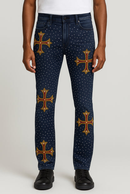 EMBELLISHED RHINESTONE FLARED DENIM VC953-BLK