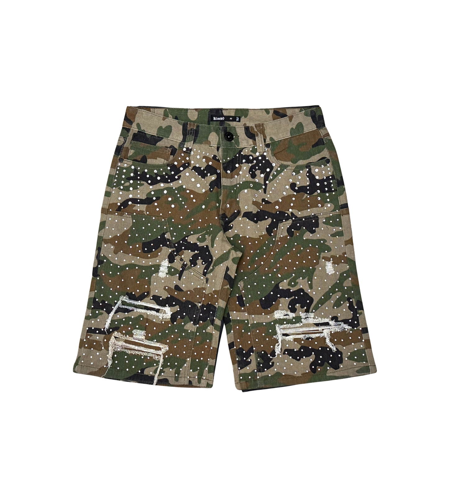 ALL OVER RHINESTONE DENIM SHORTS Wood Camo S26136