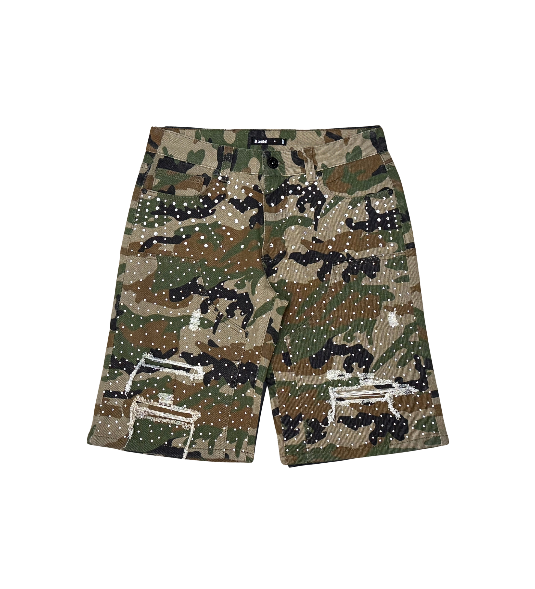 ALL OVER RHINESTONE DENIM SHORTS Wood Camo S26136