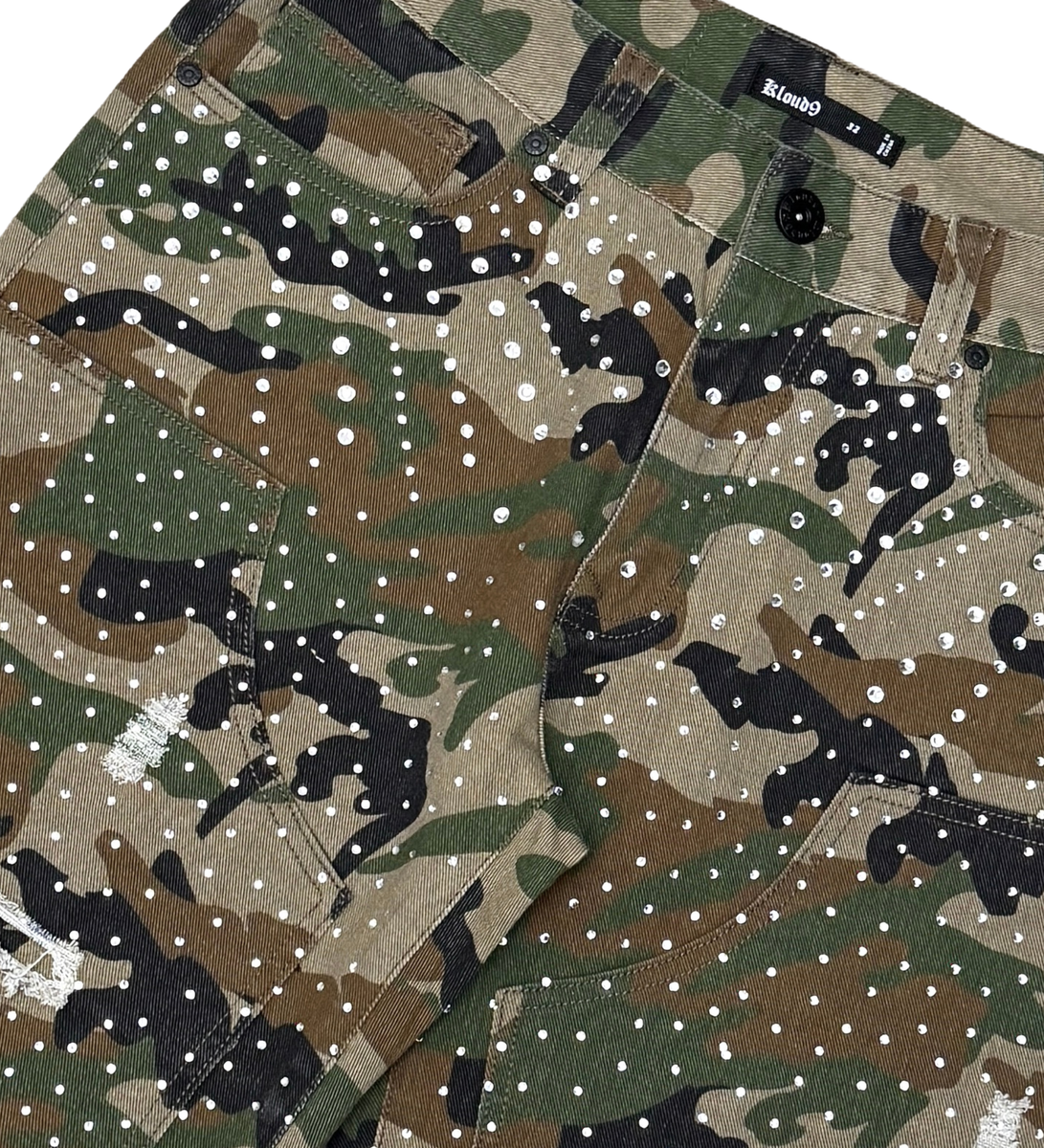 ALL OVER RHINESTONE DENIM SHORTS Wood Camo S26136