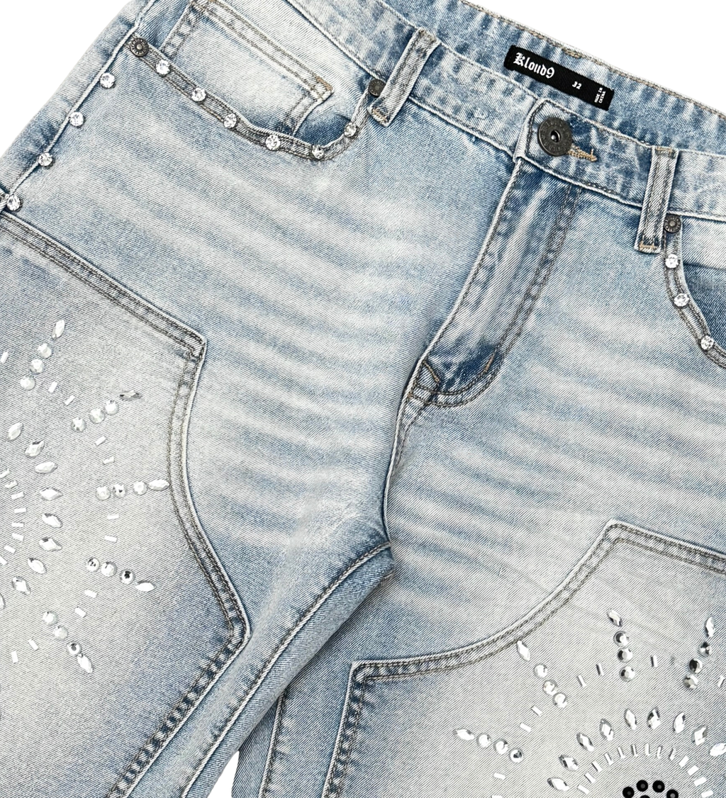 RARE PEACE DENIM SHORTS W/ MULTI SIZE RHINESTONESGentle Blue S26135