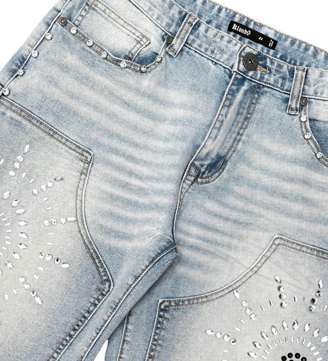 RARE PEACE DENIM SHORTS W/ MULTI SIZE RHINESTONESGentle Blue S26135