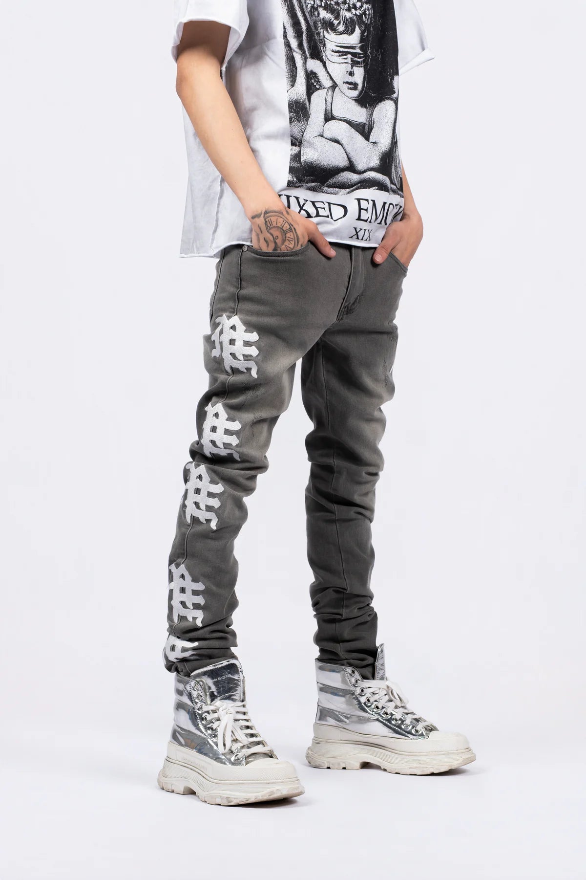 MIXED EMOTION Ash Grey Monogram Denim