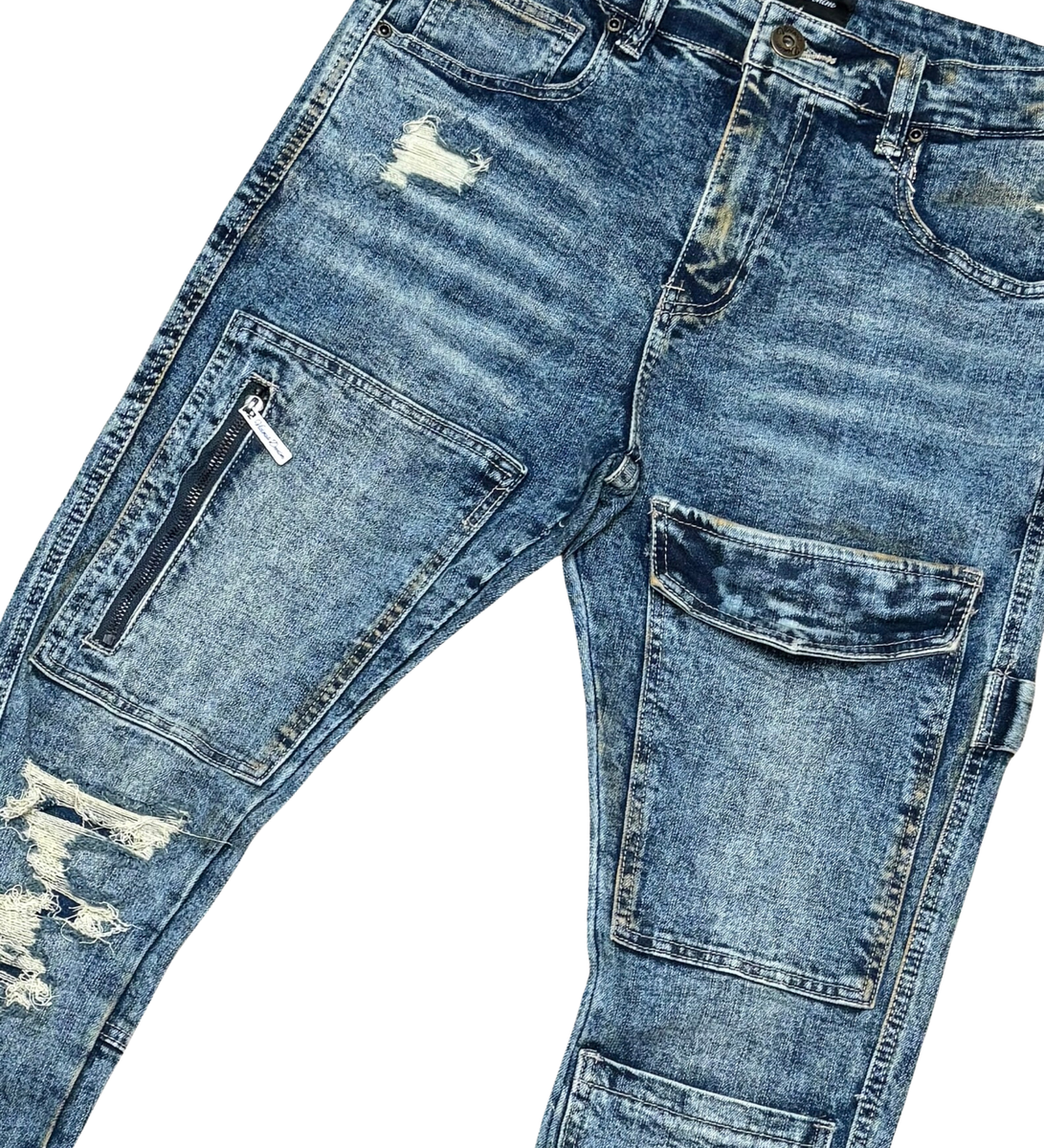 VICIOUS DENIM JEANS COATED DENIM STACKED FIT VC628-ROCKY BLUE