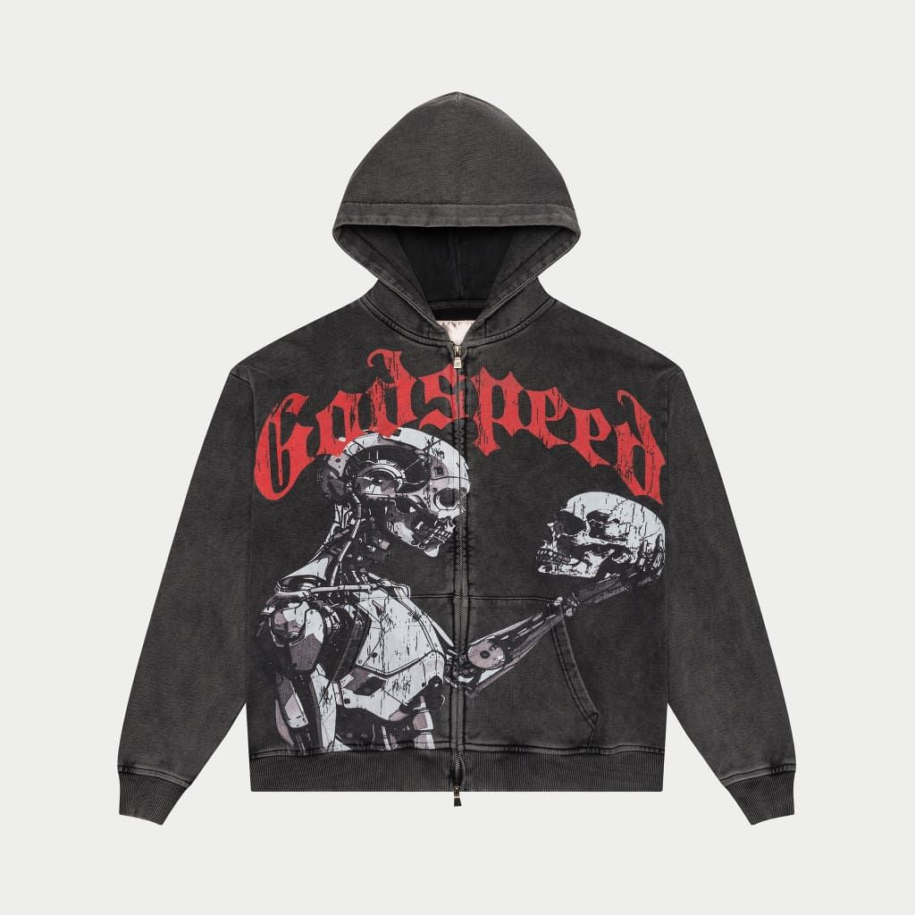 GOD SPEED MANKIND-VS-AI-ZIP-UP HOODIE-BLACK-WASH