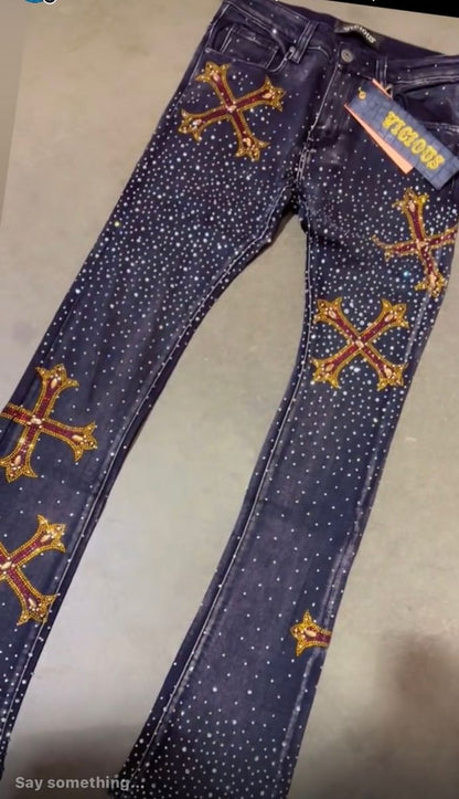 EMBELLISHED RHINESTONE FLARED DENIM VC953-BLK