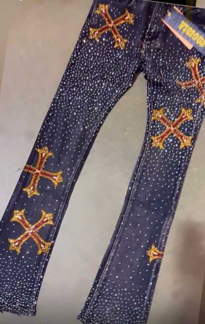 EMBELLISHED RHINESTONE FLARED DENIM VC953-BLK