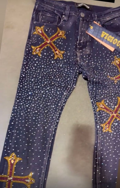 EMBELLISHED RHINESTONE FLARED DENIM VC953-BLK