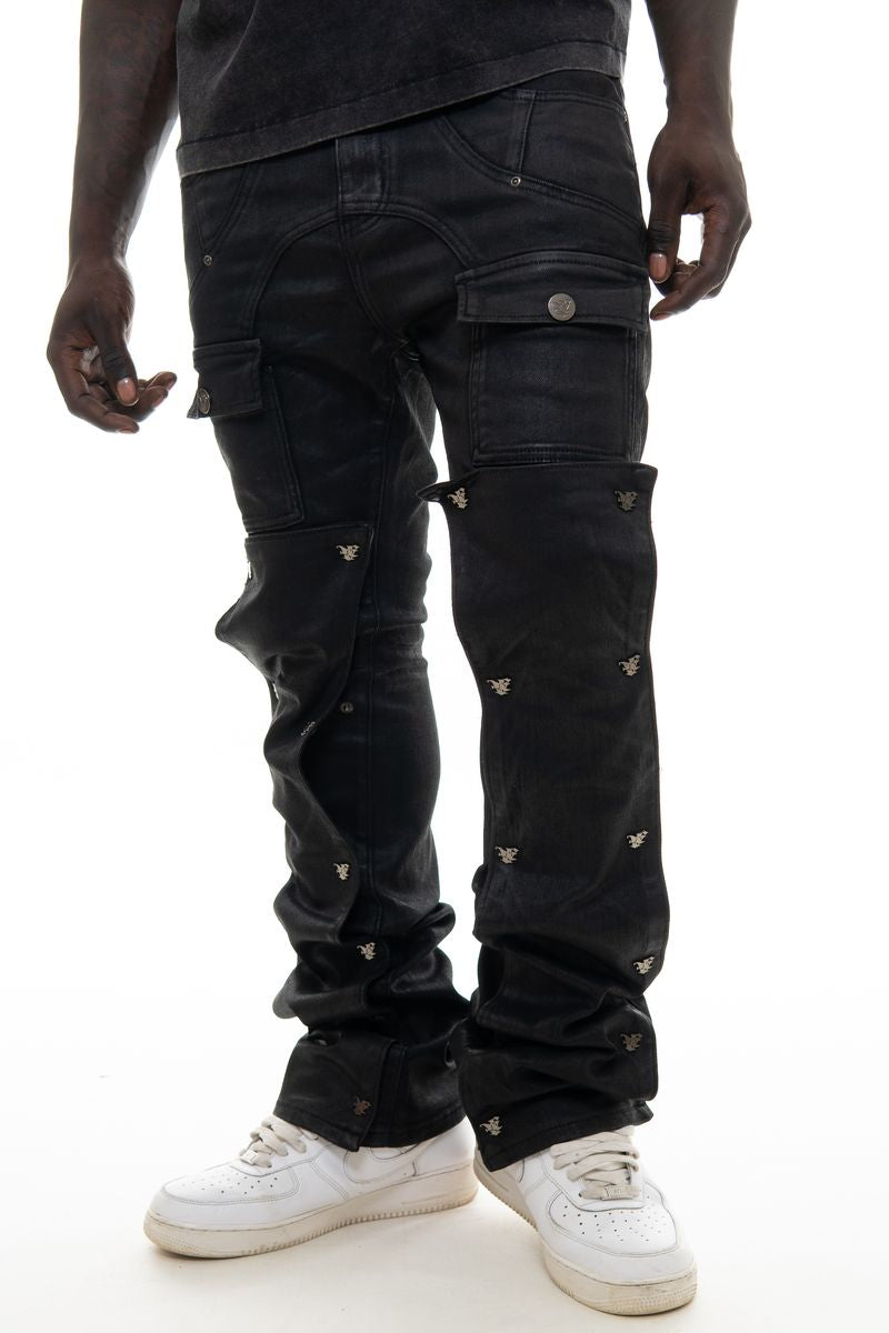VICIOUS DENIM Wax Coated Flare Denim w/ Detachable Buttons (Black)