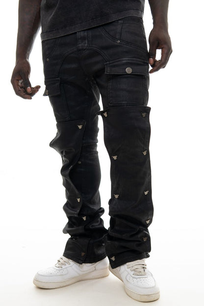 VICIOUS DENIM Wax Coated Flare Denim w/ Detachable Buttons (Black)