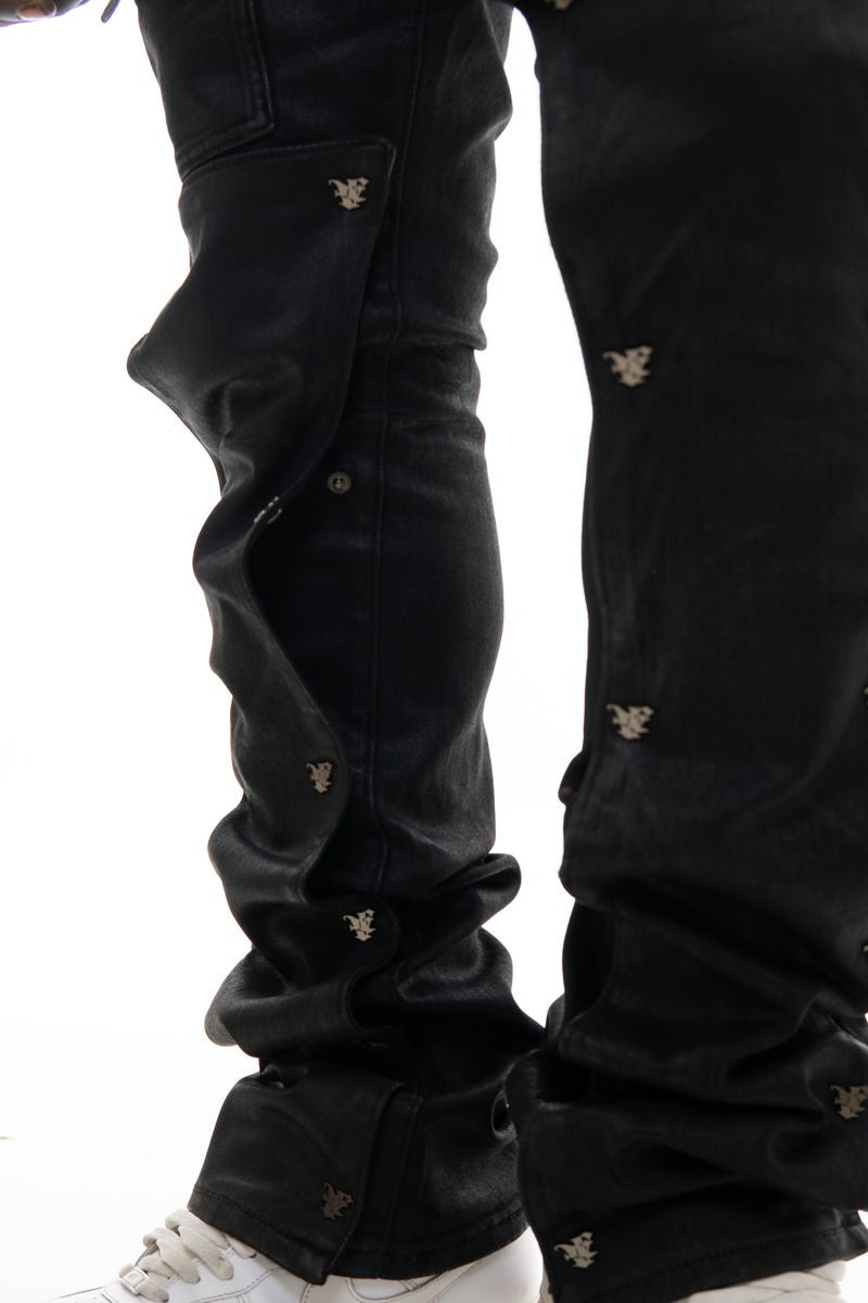 VICIOUS DENIM Wax Coated Flare Denim w/ Detachable Buttons (Black)
