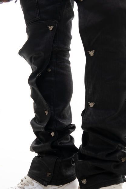 VICIOUS DENIM Wax Coated Flare Denim w/ Detachable Buttons (Black)