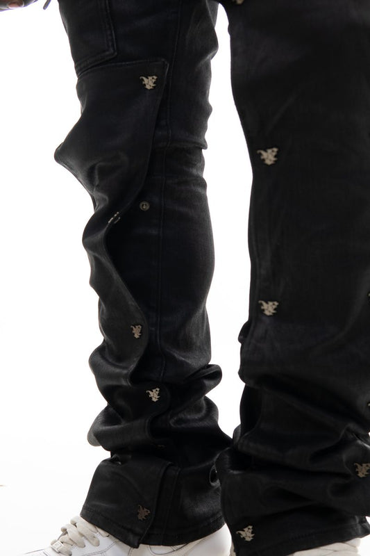 VICIOUS DENIM Wax Coated Flare Denim w/ Detachable Buttons (Black)