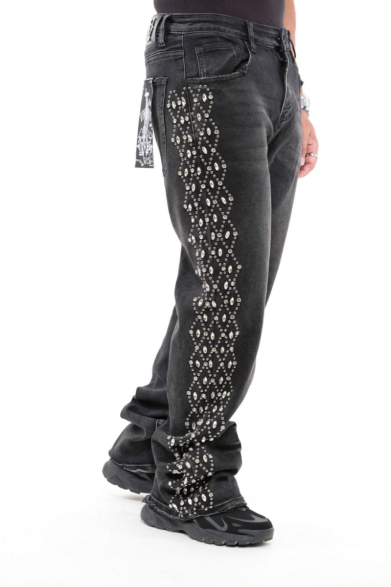 VICIOUS DENIM Black Embellished Side Rhinestone Western Denim