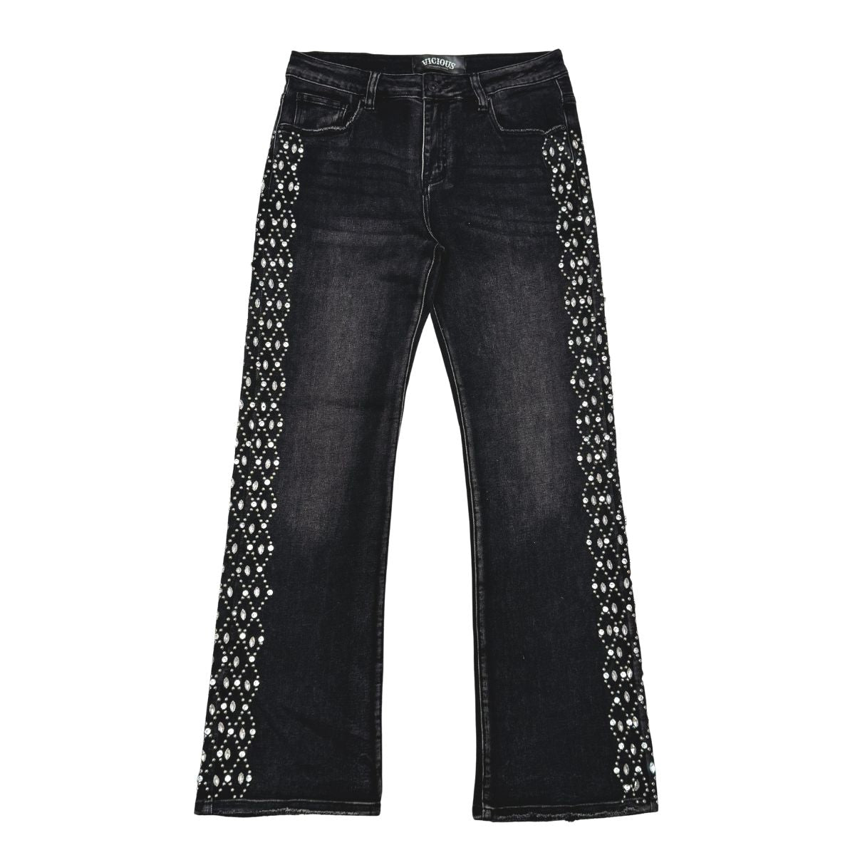 VICIOUS DENIM Black Embellished Side Rhinestone Western Denim