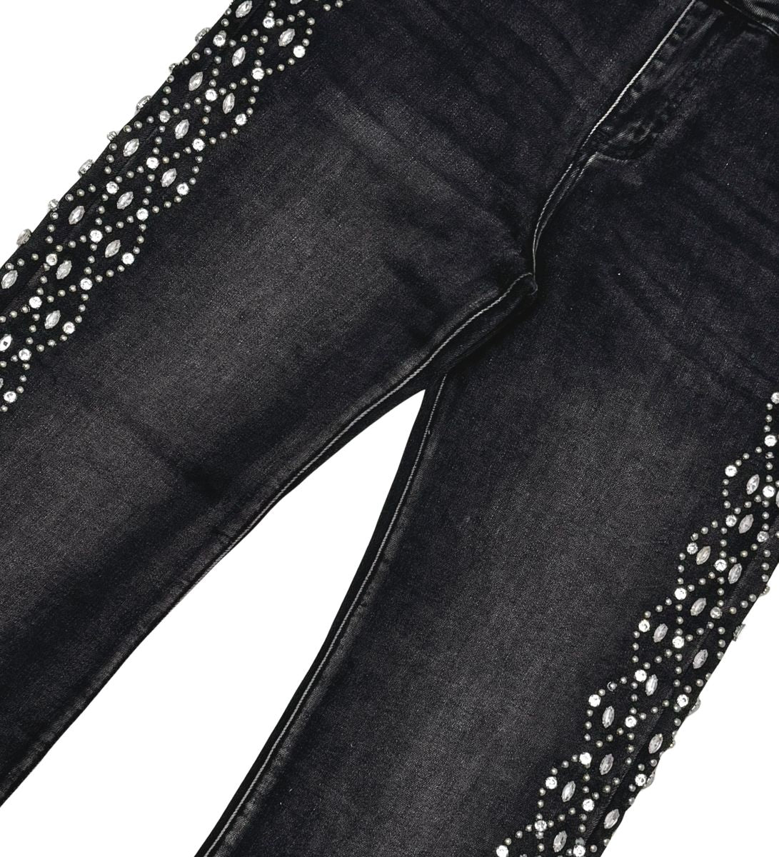 VICIOUS DENIM Black Embellished Side Rhinestone Western Denim