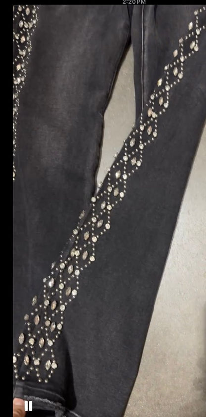 VICIOUS DENIM Black Embellished Side Rhinestone Western Denim